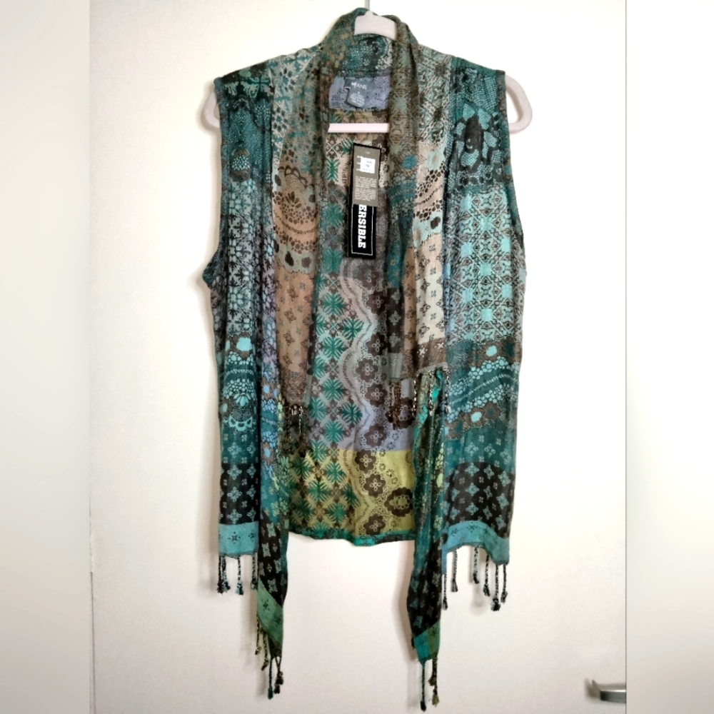 Anu (Size S) Multicolored Patchwork Sleeveless Fringe Trim Open Vest (NEW-NWT)